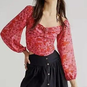 Free People Oh Lala Top Pink Floral 3D Rosette Chiffon Blouse